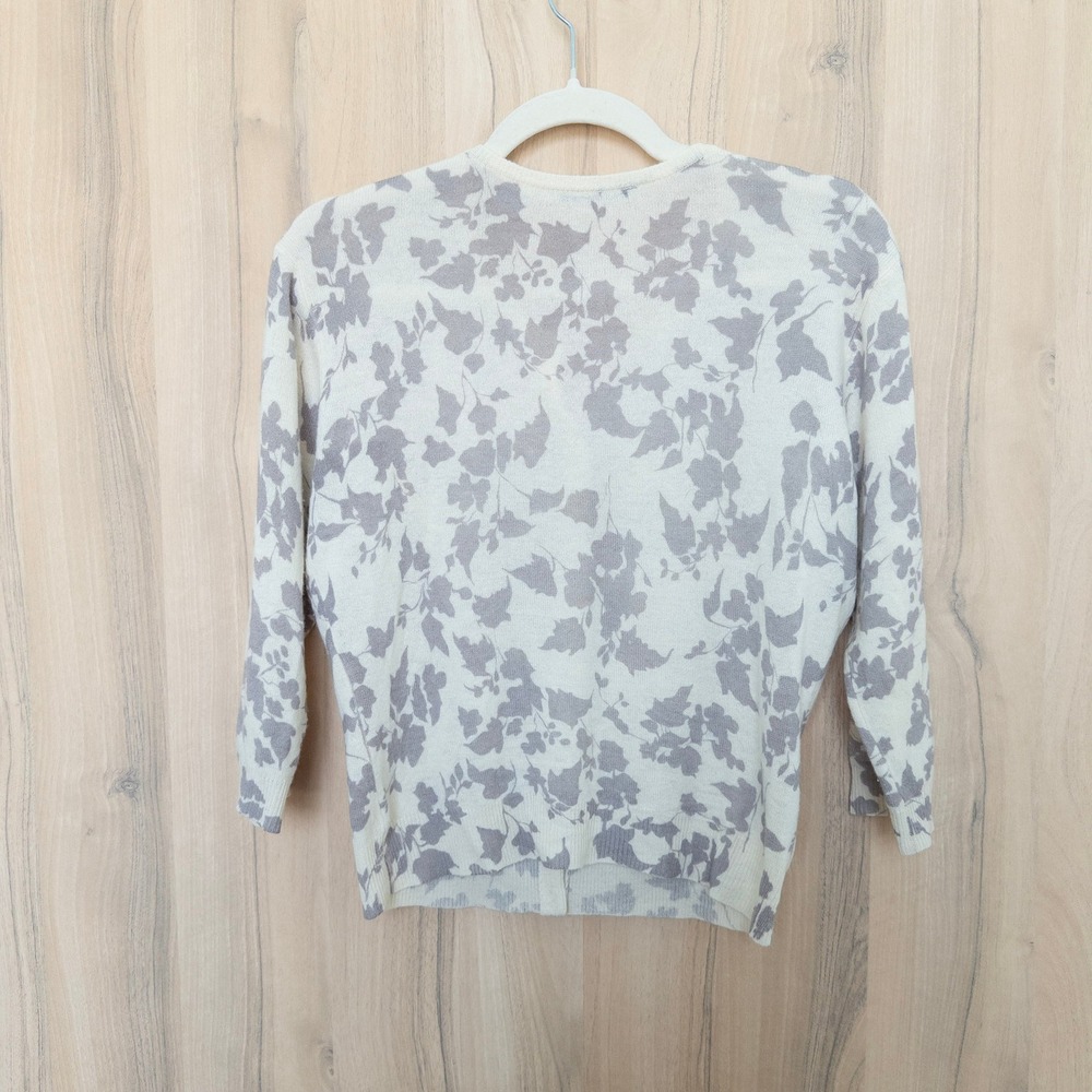 Autumn Cashmere Womens Floral Cardigan L Cream Grey 100% Cashmere Cottage Preppy - Picture 7 of 9